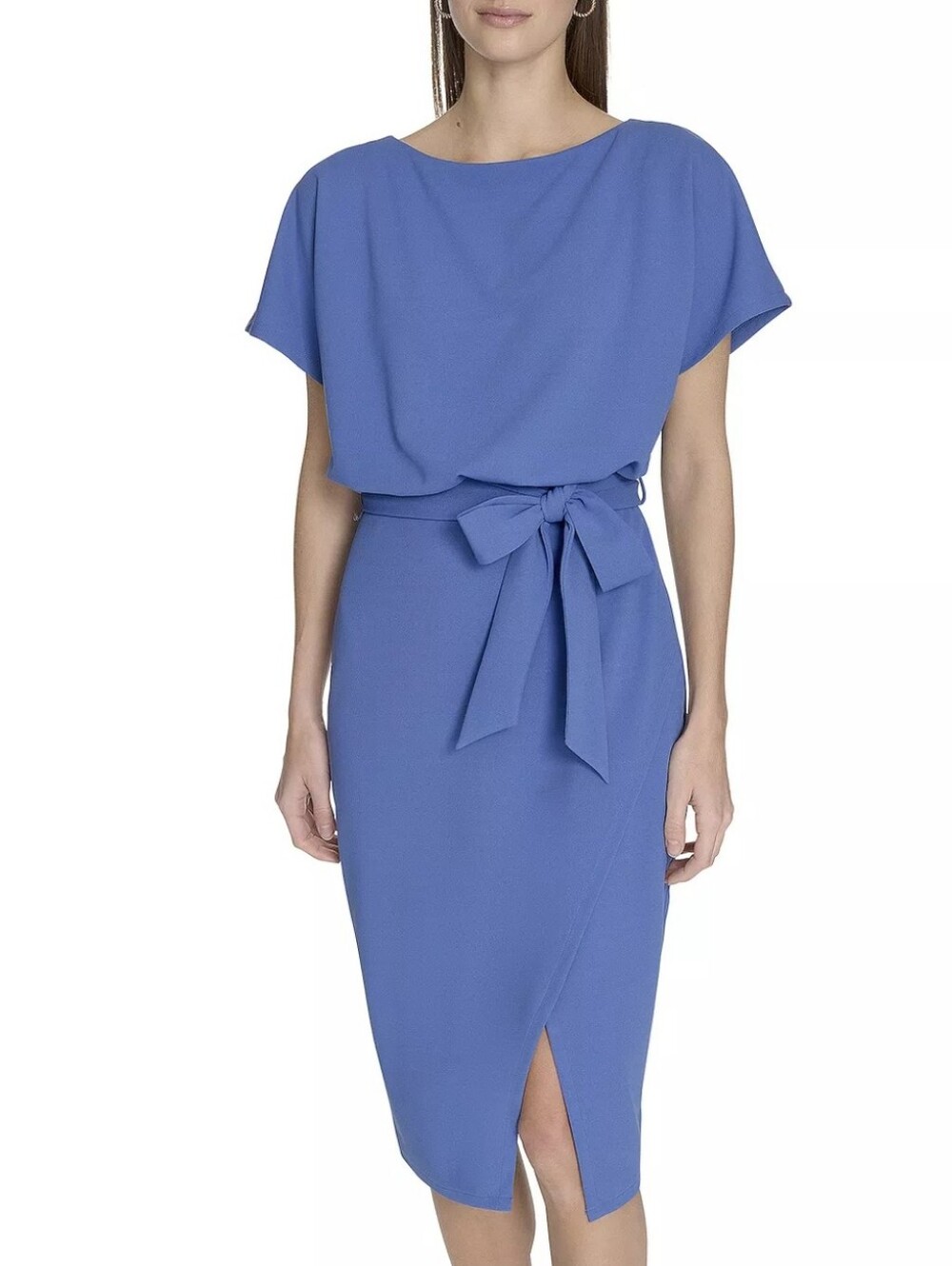 NWT Andrew Marc Blousan Belted Tie Waist Dress Chambray Blue Sheath Career 14